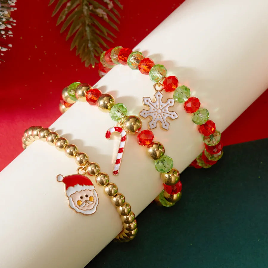 Christmas Themed Elastic Bracelet Set Santa Claus Snowflake Pendant Beaded Style Hand Chain Festive Jewelry Accessory