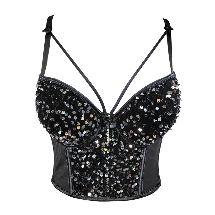 Europe and the United States  mesh stitching velvet sequins underwear short chest tight wrap sexy beads embroidered suspenders