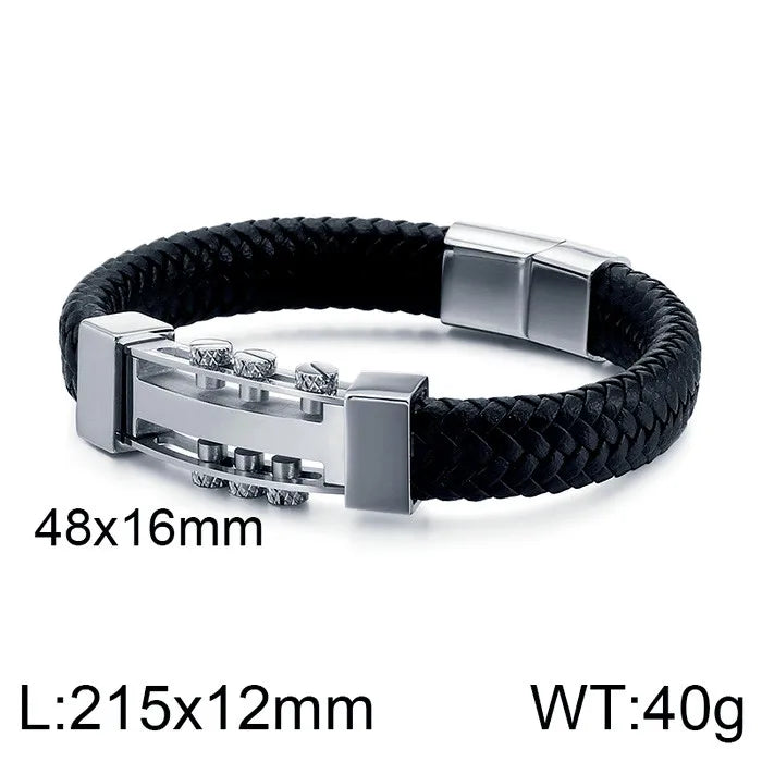Hip-Hop Retro Color Block Pu Leather Titanium Steel Plating Men's Bangle