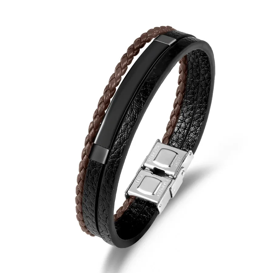 Simple Style Solid Color 304 Stainless Steel Pu Leather Plating Men's Bangle Men Cord & Leather Bracelets