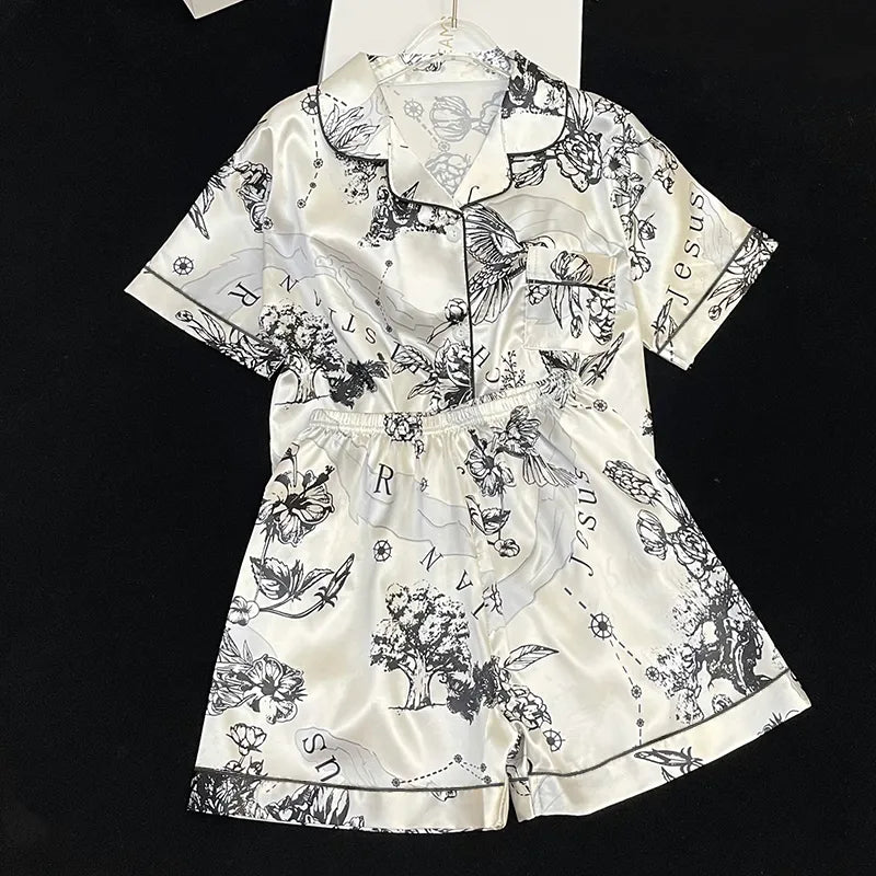 Home Women's Casual Plant Satin Shorts Sets Pajama Sets