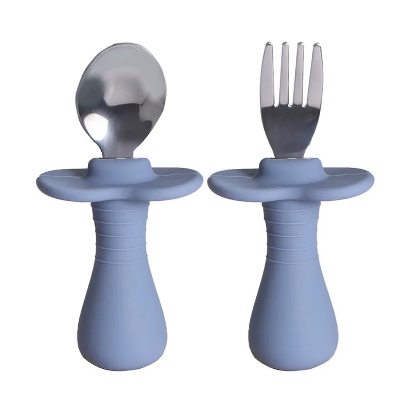 Baby Silicone Fork Spoon Children's Stainless Steel Training Short Fork Spoon Children's Tableware Set Portable Short Handle Fork Spoon