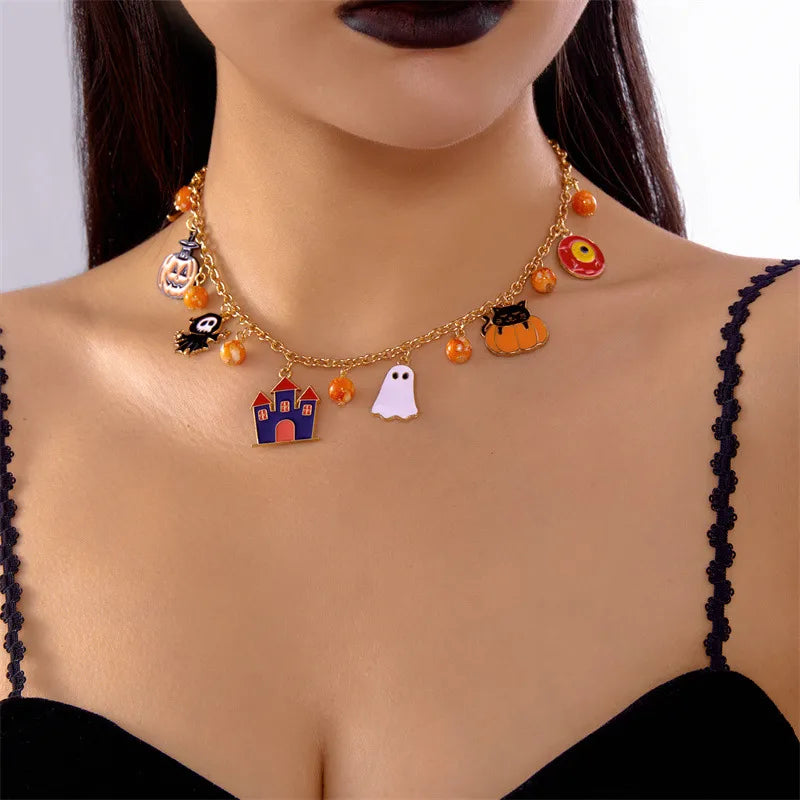 Halloween Themed Cat Pumpkin Cartoon Pendants Dark Style Alloy Necklaces Unisex Festival Atmosphere Sense Joking Jewelry