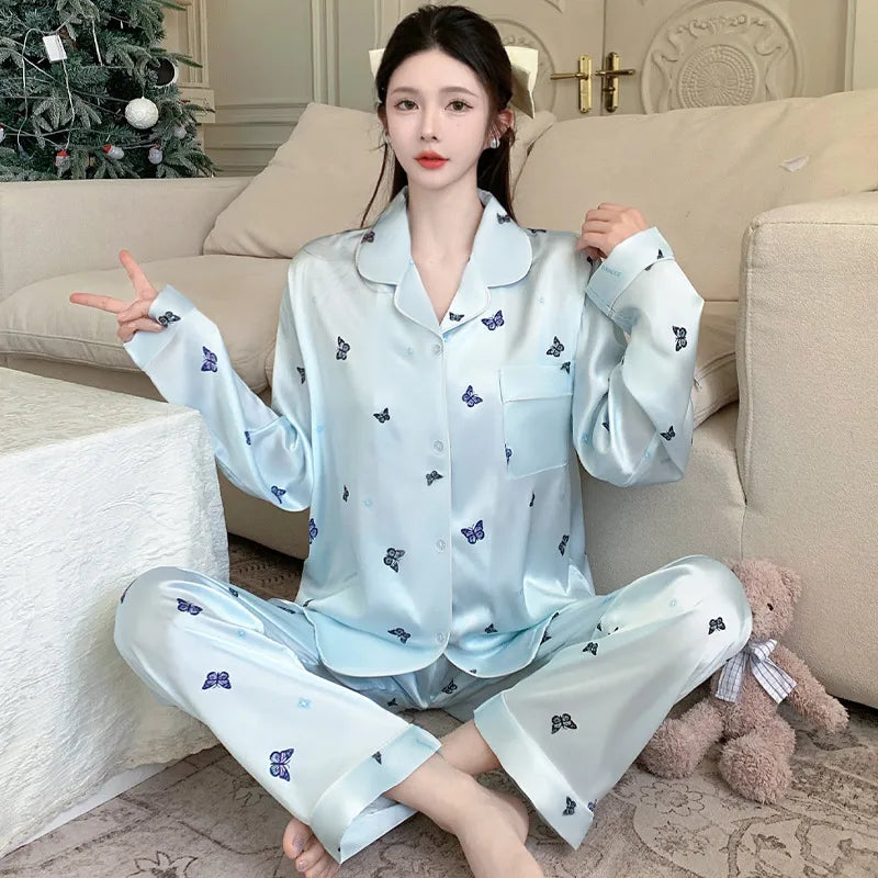 Elegant Ice Silk Sleepwear Women's Summer Butterfly Print Short Sleeve Home Clothes Set Can Be Worn Outside Breathable Casual