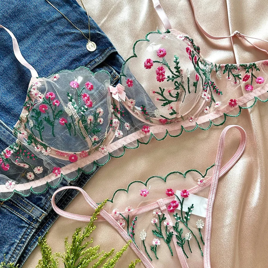 Women's Sexy Flower Sexy Lingerie Sets Home Honeymoon Sheer Bra Low Waist Thong See-Through Sexy Lingerie