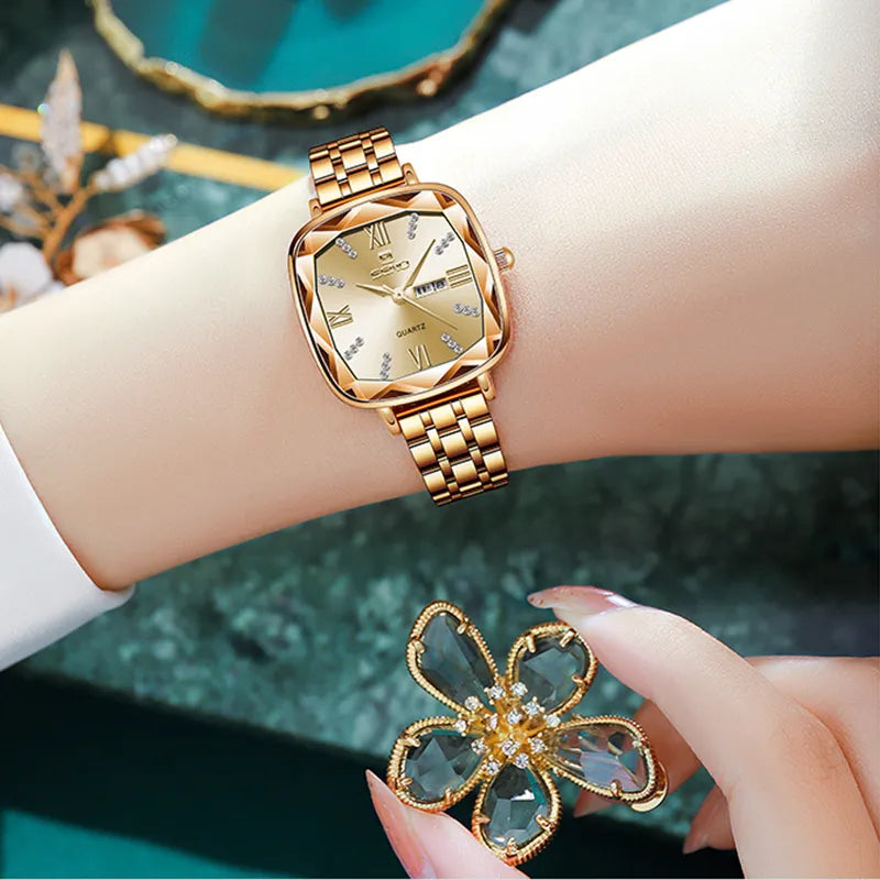SENO Chennuo Live Selling Retro Small Square Watch Square Steel Band Women's Watch Fashion Double Calendar Quartz Watch