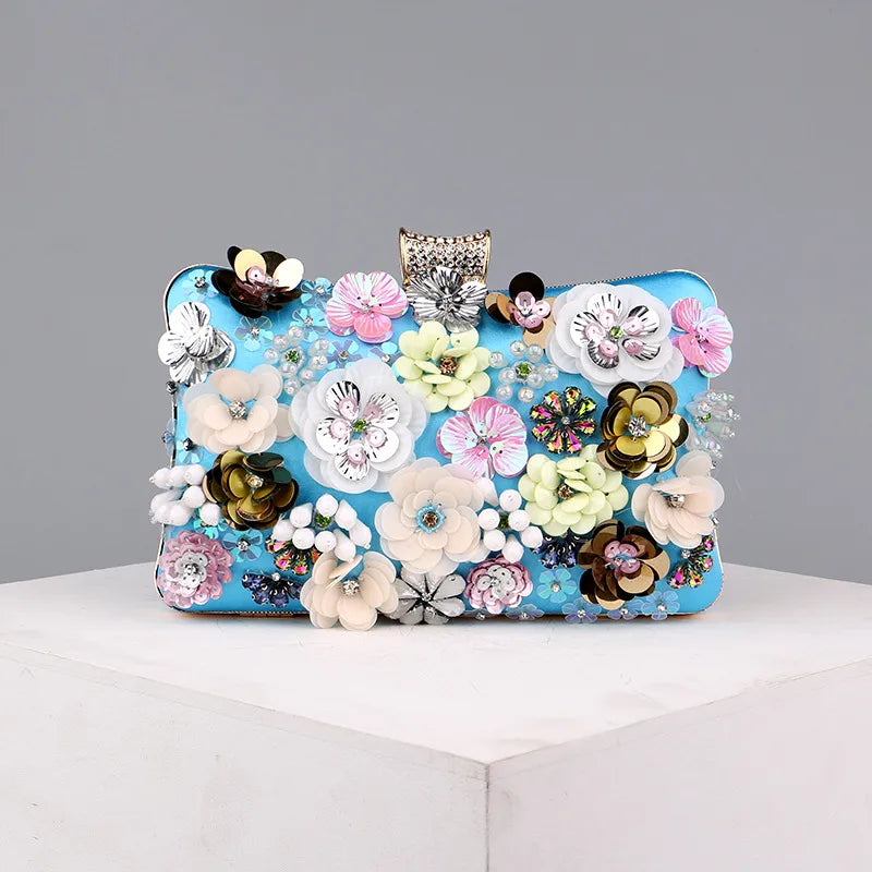 blue black gold pu leather flower square evening bags