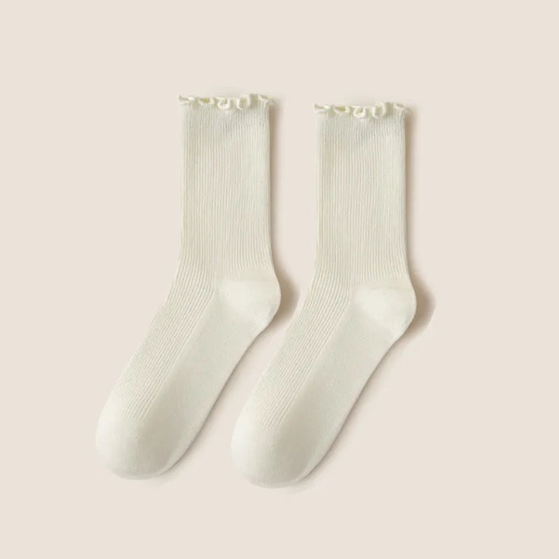 Wooden ear socks women's mid-calf socks summer thin pile socks summer black white autumn stockings loafers fashion
