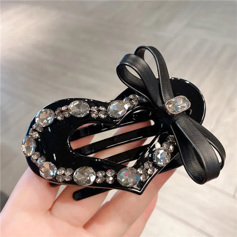Elegant Black Leather Hairpin With Butterfly Knot Shiny Rhinestone Heart Shaped Hair Accessory Woven Leather For Back Of Head Bun