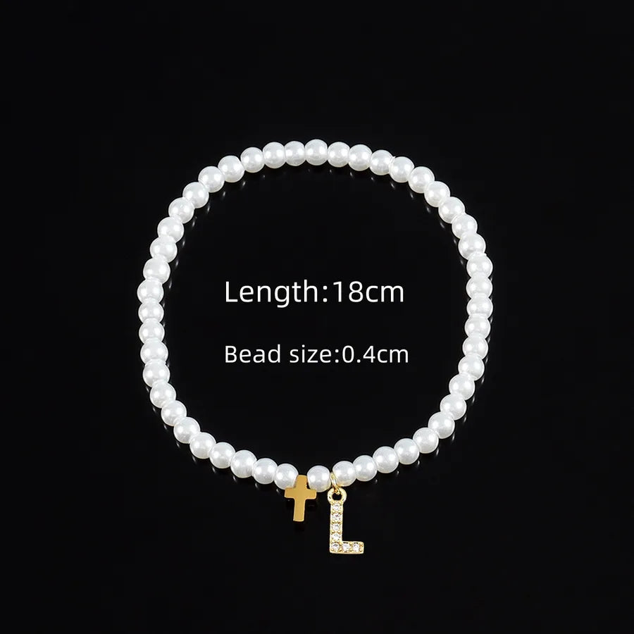 Elegant Vintage Style Classic Style Cross Letter 304 Stainless Steel Artificial Pearl Copper Beaded Chain Beaded Bracelets Wholesale