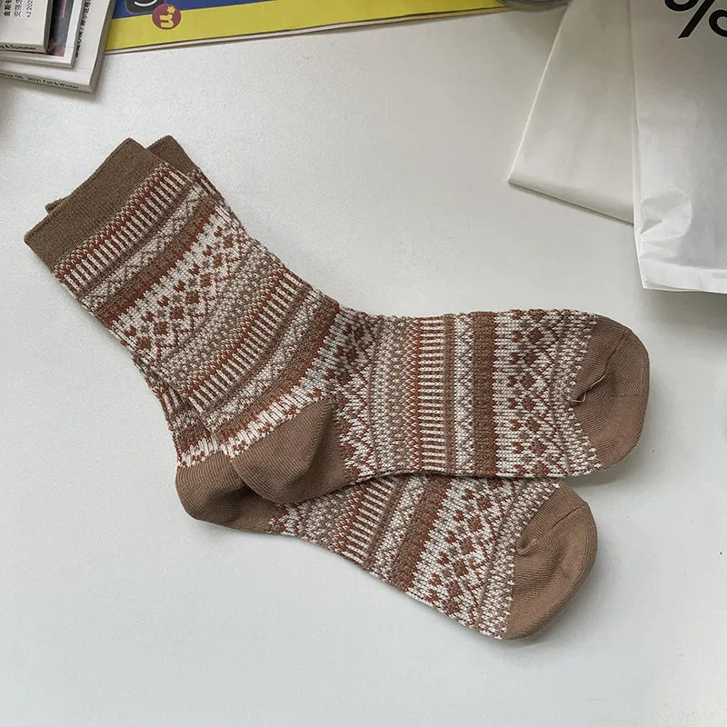 unisex retro ethnic style geometric cotton crew socks a pair