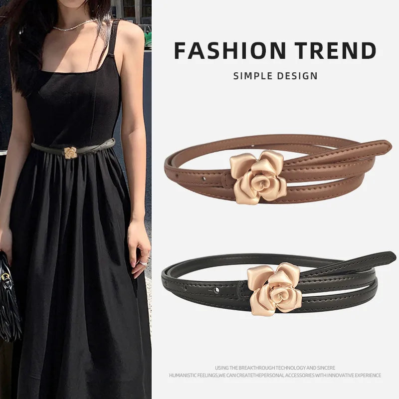 New Genuine Leather Women's Thin Belt Women's Flower Waist Slim Cowhide Women's Belt with Sweater Dress