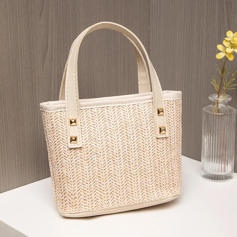 Women's Straw Color Block Streetwear Weave Sewing Thread Bucket Zipper Handbag
