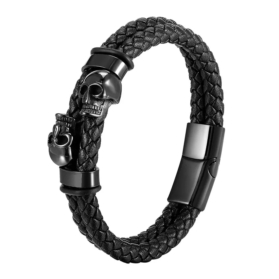 Vintage Style Classic Style Skull 316L Stainless Steel  Pu Leather Woven Chain Wrap Bracelets Wholesale