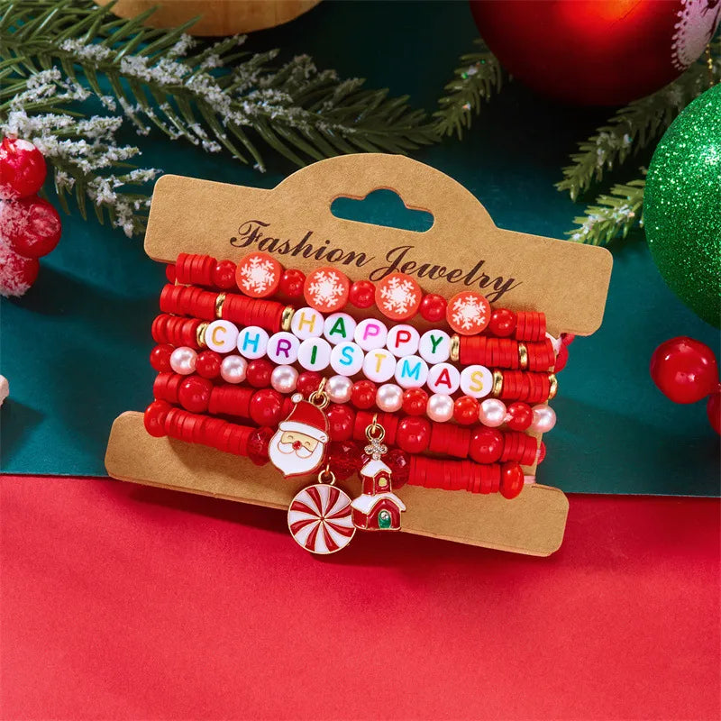 Fashionable Versatile Christmas Themed Soft Clay Bracelet With Glass Deer Snowflake Pearl Design Suitable For Men And Women