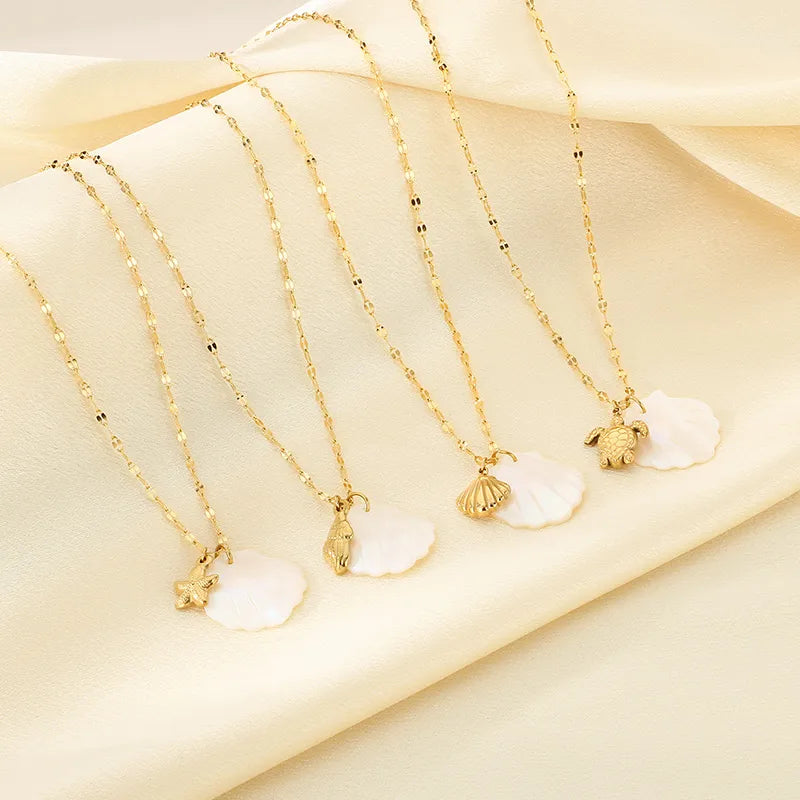 Wholesale Jewelry Marine Style Simple Style Tortoise Starfish Conch 304 Stainless Steel 18K Gold Plated coffee bean chain Pendant Necklace