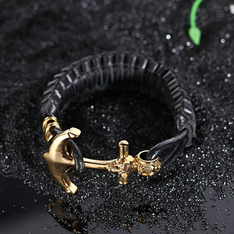 Hip-Hop Retro Color Block Pu Leather Titanium Steel Patchwork 18K Gold Plated Men's Bangle