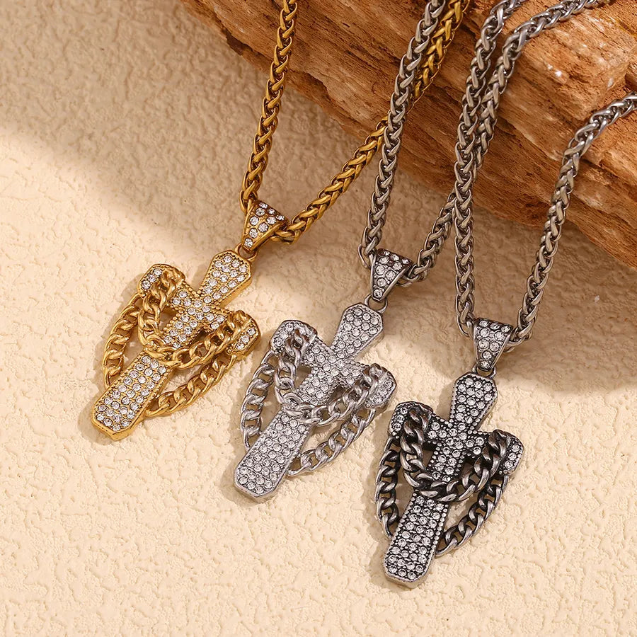 Wholesale Jewelry Hip-Hop Cross 304 Stainless Steel Zircon 18K Gold Plated Chain Inlay Pendant Necklace Franco Chain Wheat Chain Spiga Chain