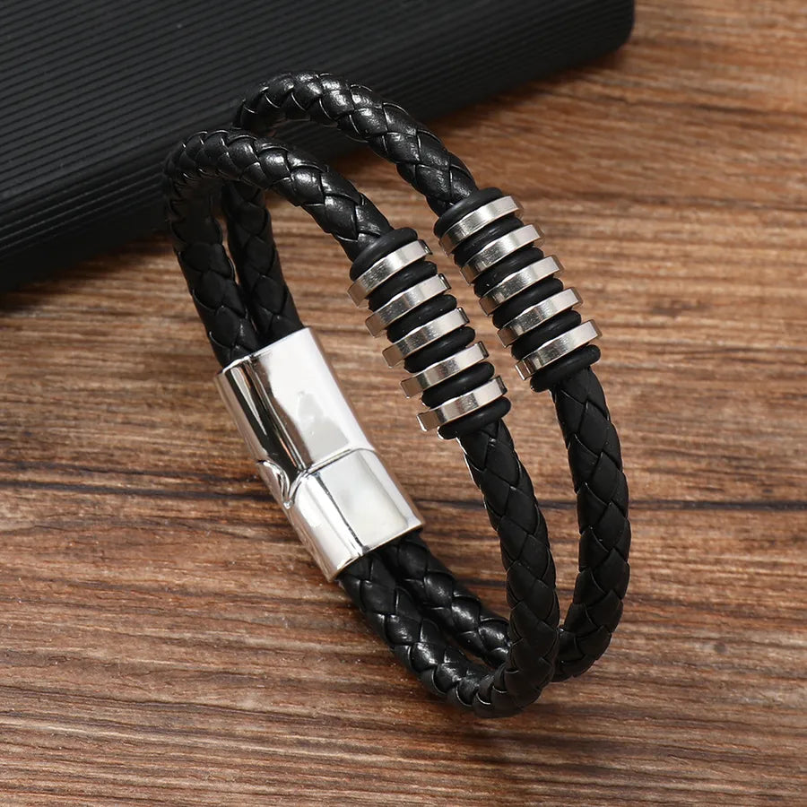Classic Style Solid Color Pu Leather Knitting Men's Bangle Men Cord & Leather Bracelets
