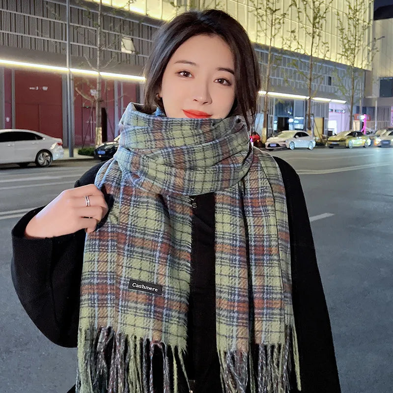 women's fashion plaid imitation cashmere tassel winter scarves