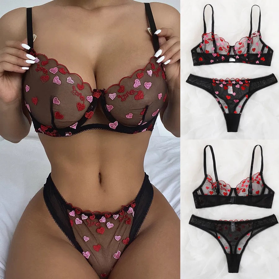 sexy heart shape sexy lingerie sets party underwire bra mid waist see-through sexy lingerie