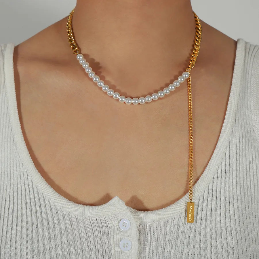 Wholesale Jewelry IG Style Elegant Rectangle Imitation Pearl Titanium Steel 18K Gold Plated Beaded Plating Necklace