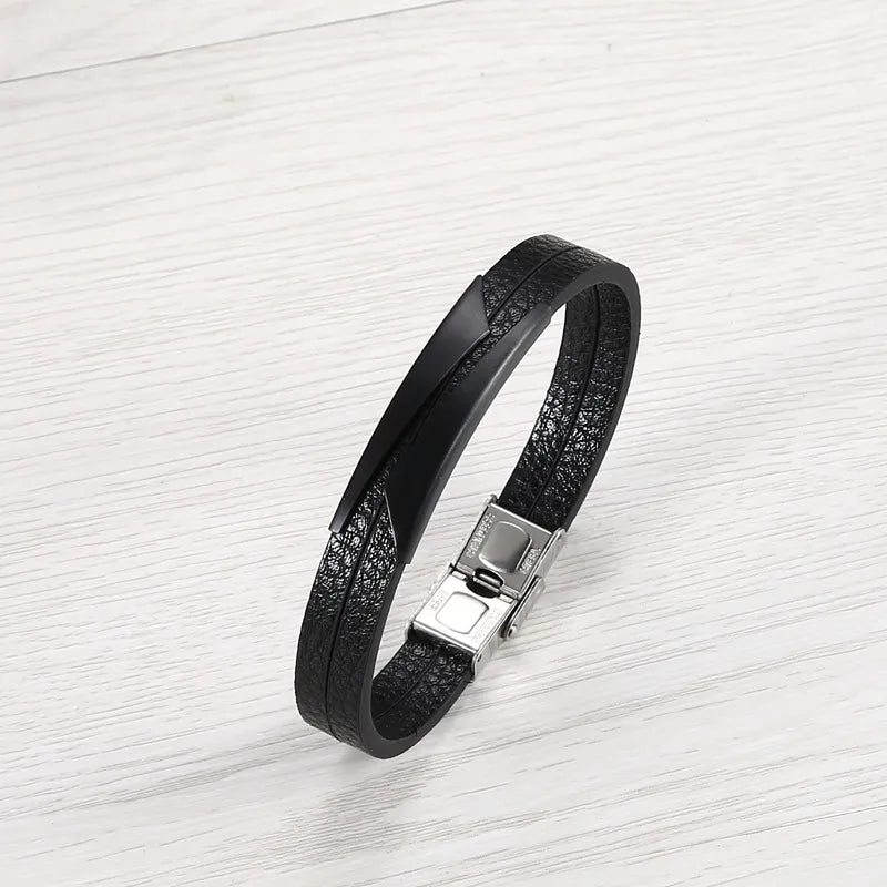 Ethnic Style Solid Color Pu Leather Titanium Steel Men's Bracelets Men Cord & Leather Bracelets