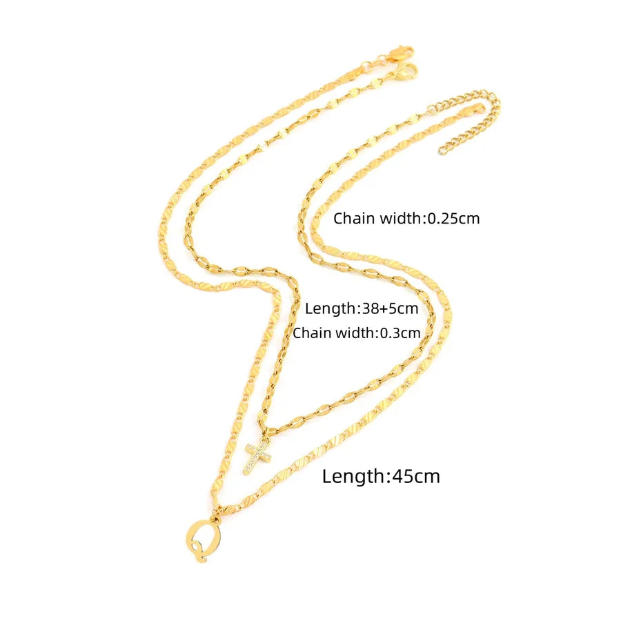 2 Pcs/set Gold Color Fashion Initial Letter Cross Pendant Lip Chain & 卍 Symbol Chain Stainless Steel Women Necklace