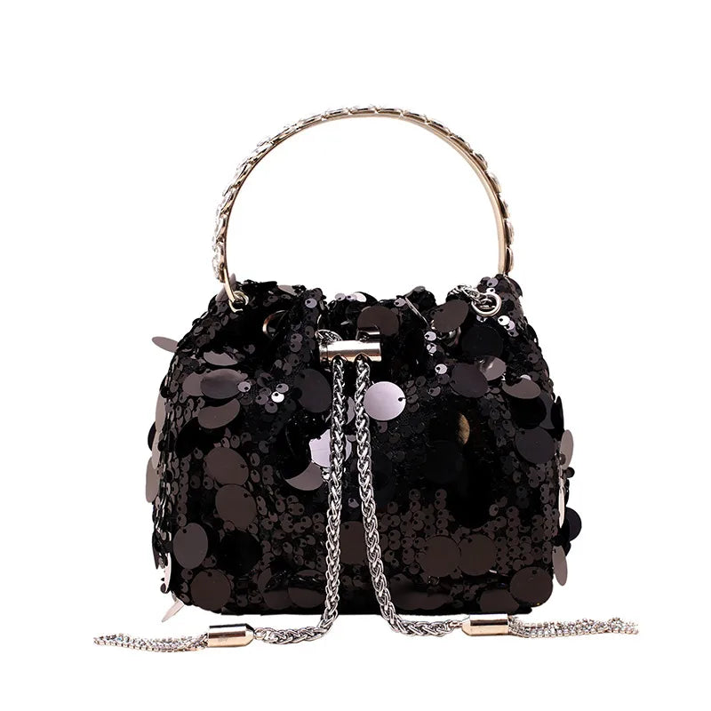 black yellow silver sequin solid color bucket evening bags