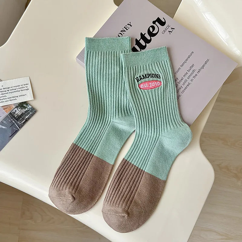 women's lady sweet color block cotton crew socks a pair