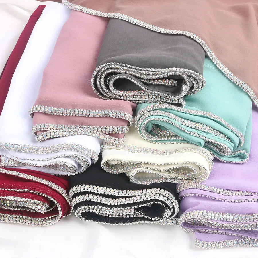 New Rhinestone Chain Long Side Scarf Hui Scarf Malay Middle East Headscarf Headscarf Chiffon Solid Color