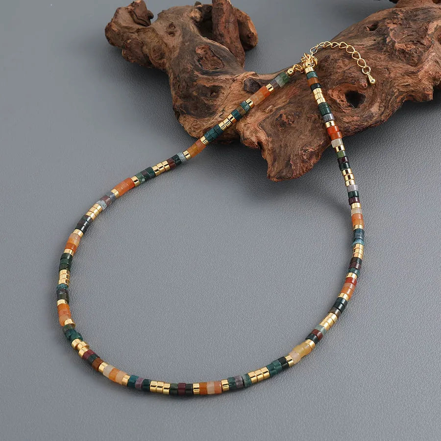 bohemian color block natural stone copper beaded handmade necklace