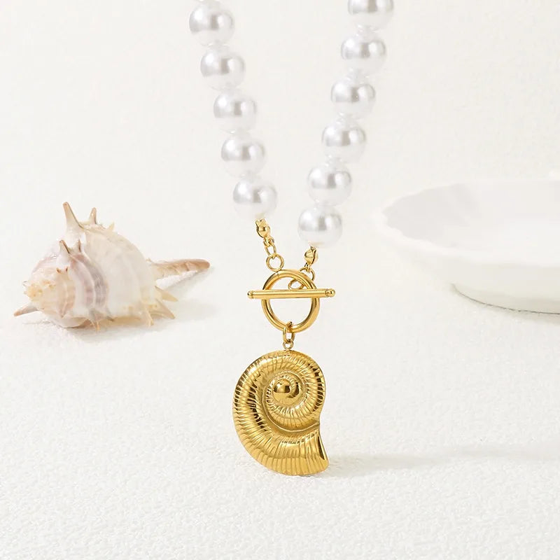Wholesale Jewelry IG Style Retro New Style Starfish Conch Heart Shape 304 Stainless Steel 18K Gold Plated Beaded Chain Necklace