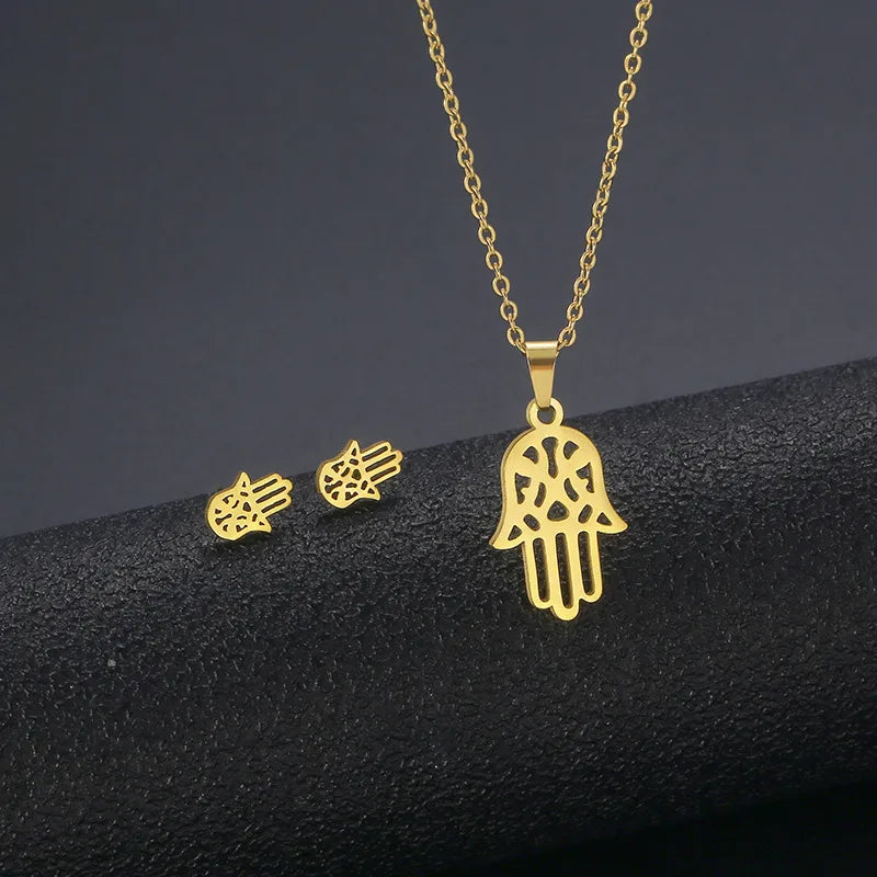 Wholesale Jewelry IG Style Casual Streetwear Moon Hand Of Fatima Butterfly 201 Stainless Steel cable chain Small Stud Earrings Necklace