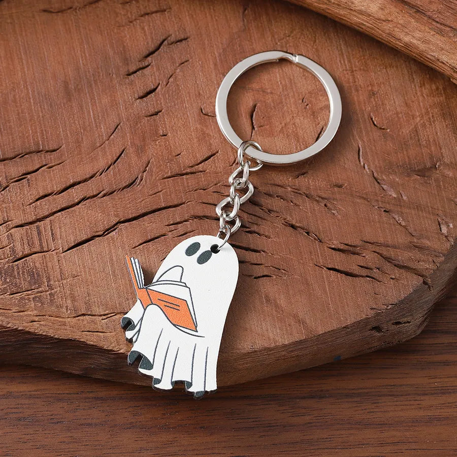 Wooden Halloween Ghost Keychain Pendants Cartoon Style Book Theme Hanging Ornaments Gifts For Party Decorations