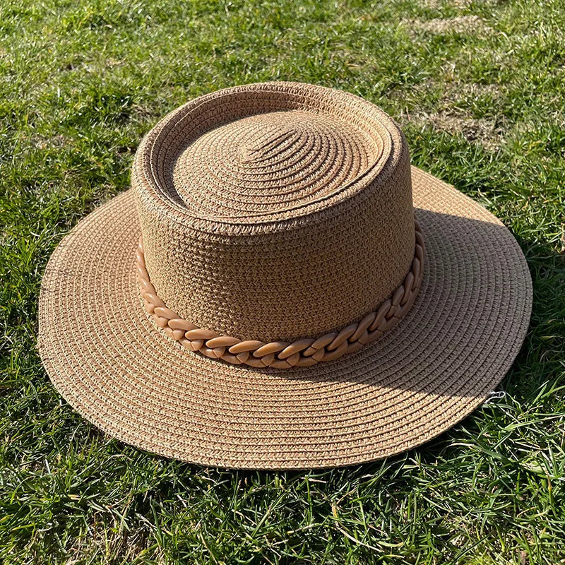 women's simple style solid color chain flat eaves sun hat