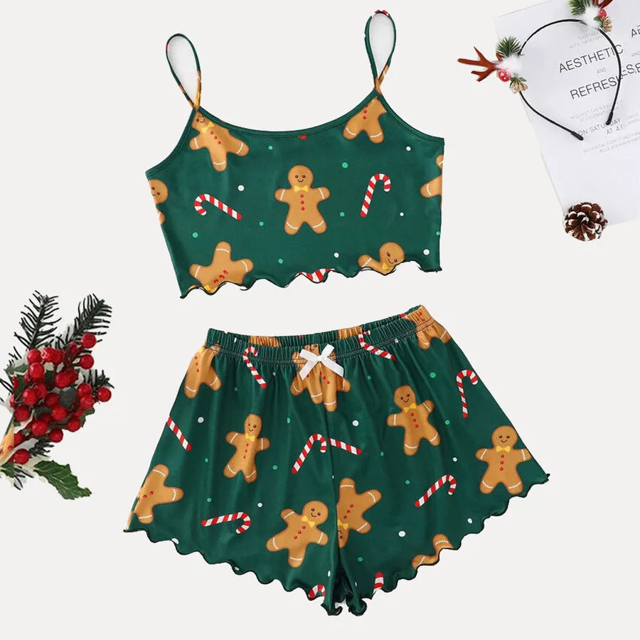 Home Festival Women's Christmas Printing Polyester Milk Fiber Printing Shorts Sets Pajama Sets