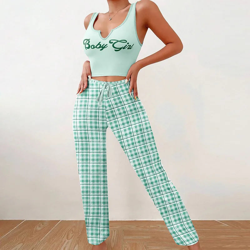 BabyGirl   homewear vest color matching plaid trousers letter printed top women's pajamas