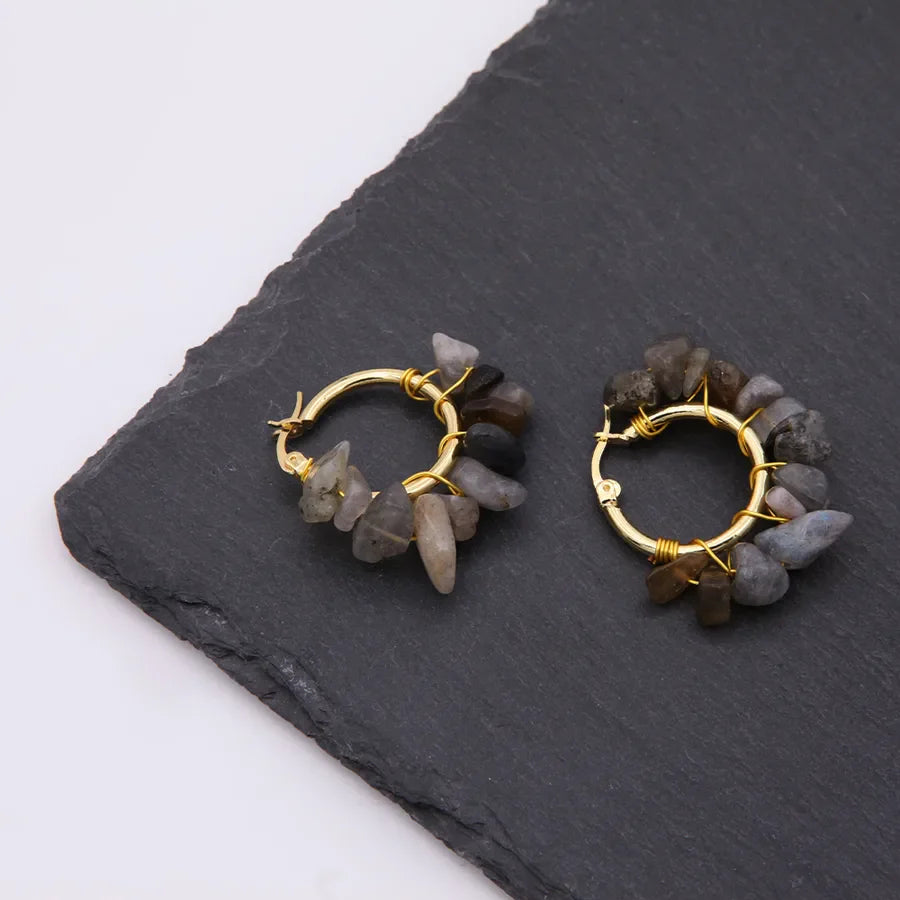 1 pair ethnic style bohemian tropical solid color handmade plating natural stone copper 18k gold plated hoop earrings