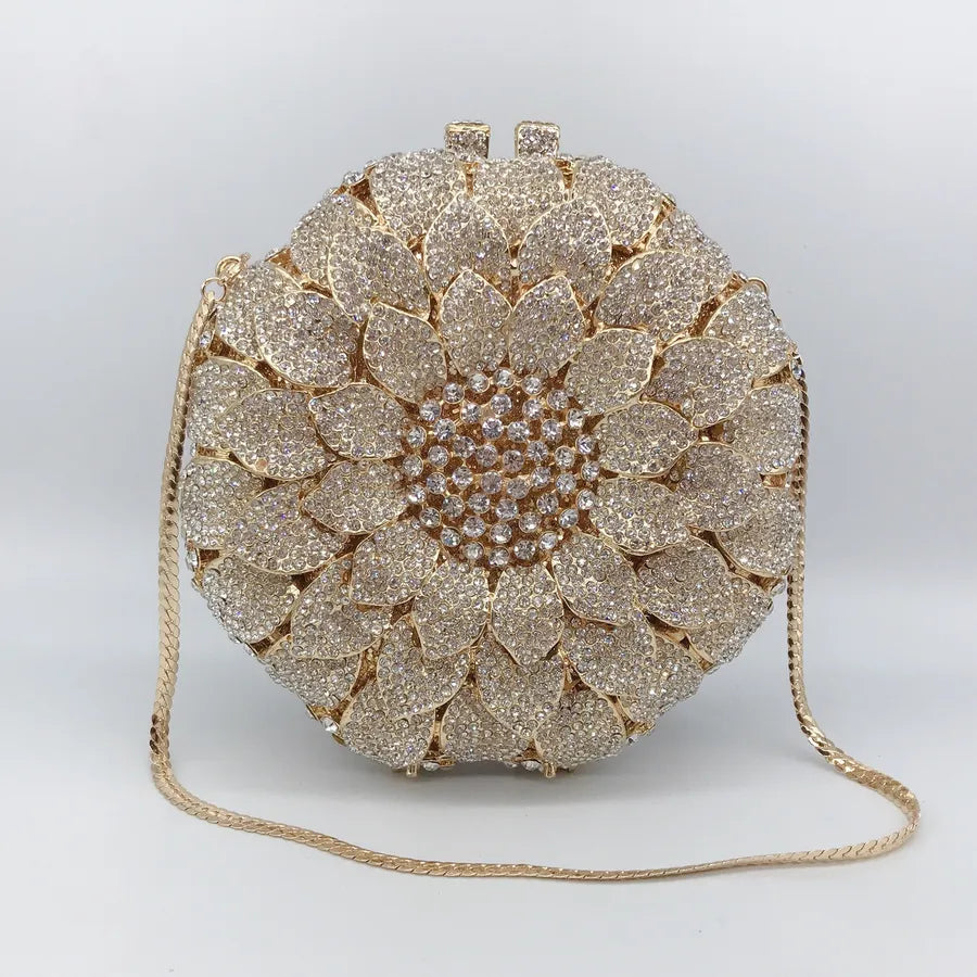 Gold Silver Rhinestone Metal Flower Round Evening Bags