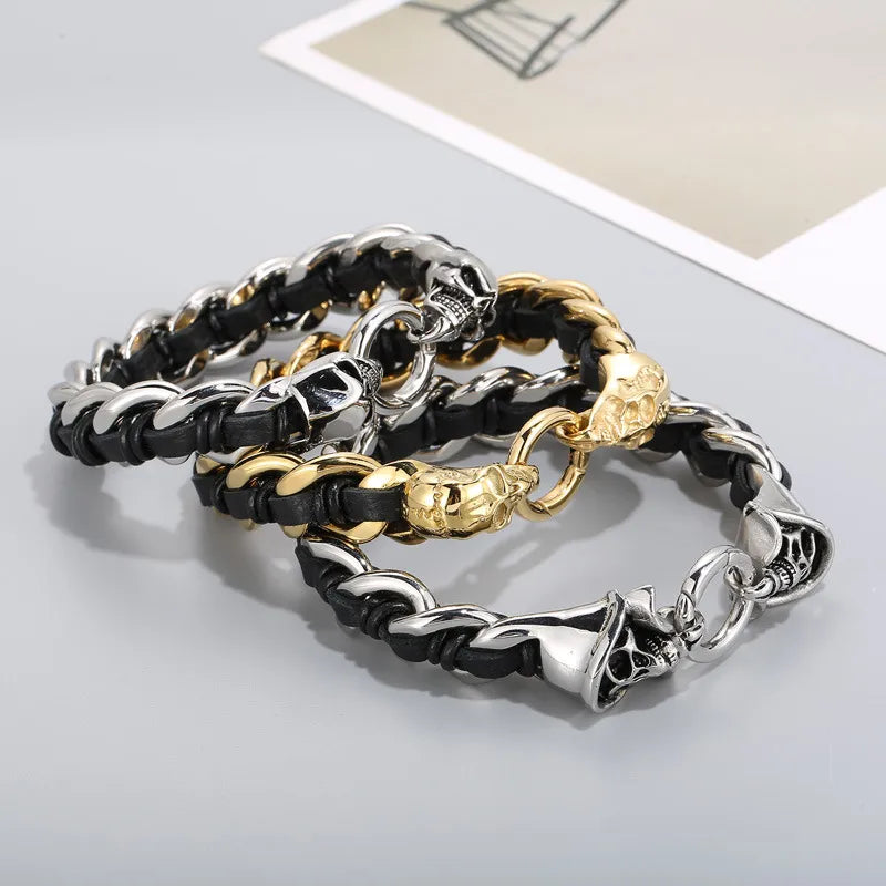 Retro Skull Cowhide Titanium Steel 18K Gold Plated Halloween Men'S Bracelets