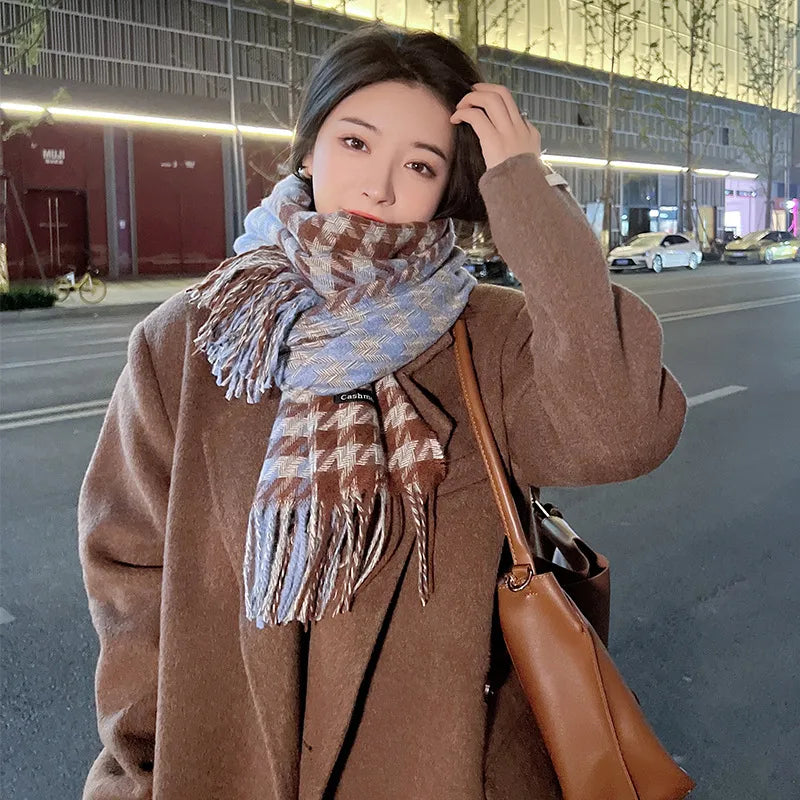 women's fashion plaid imitation cashmere tassel winter scarves