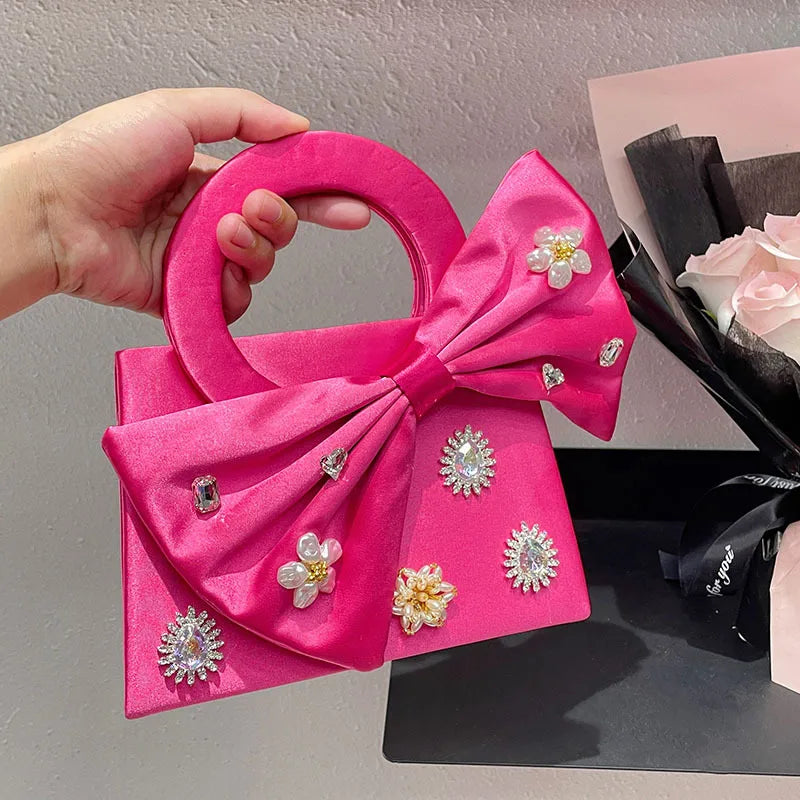 Women's Small Silk Flower Bow Knot Streetwear Square Magnetic Buckle Shoulder Bag Handbag