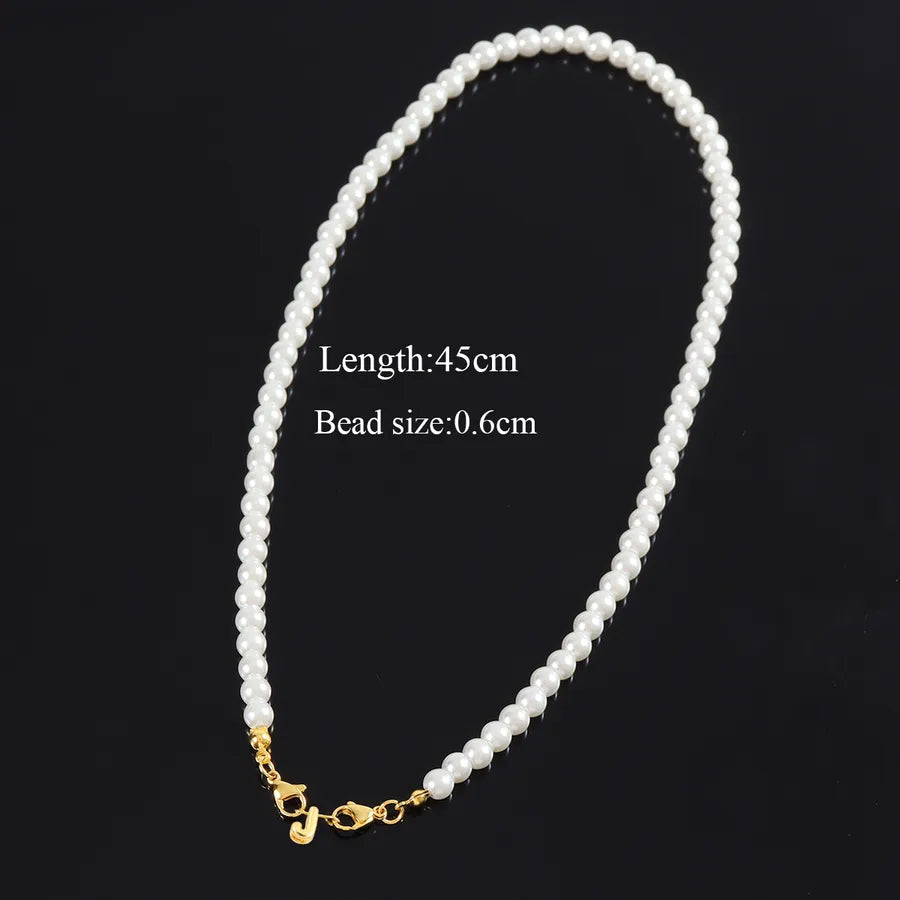 304 Stainless Steel Artificial Pearl Beaded Chain Letter Pendant Necklace