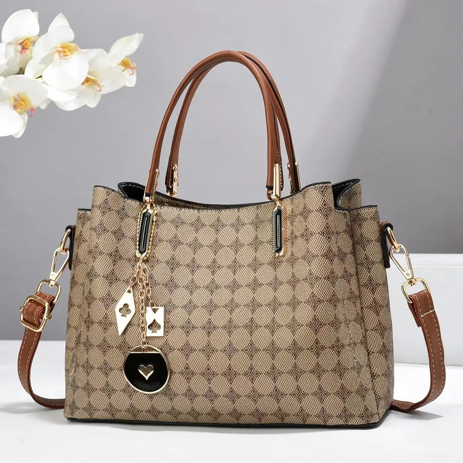 Women's Pu Leather Monogram Classic Style Sewing Thread Bucket Zipper Handbag