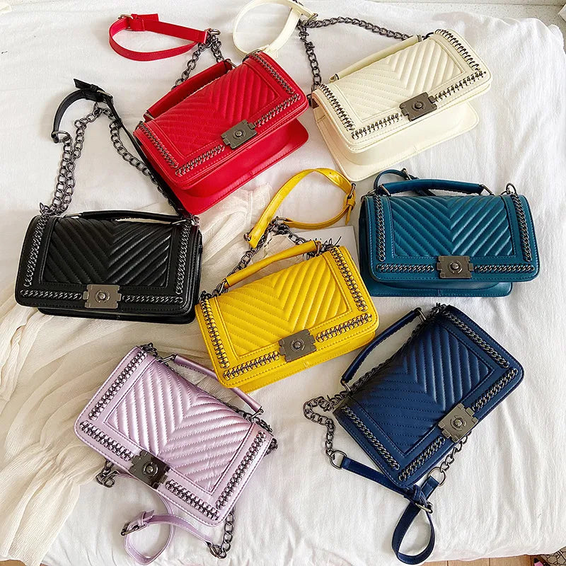 Women's Pu Leather Chevron Solid Color Streetwear Square Flip Cover Shoulder Bag