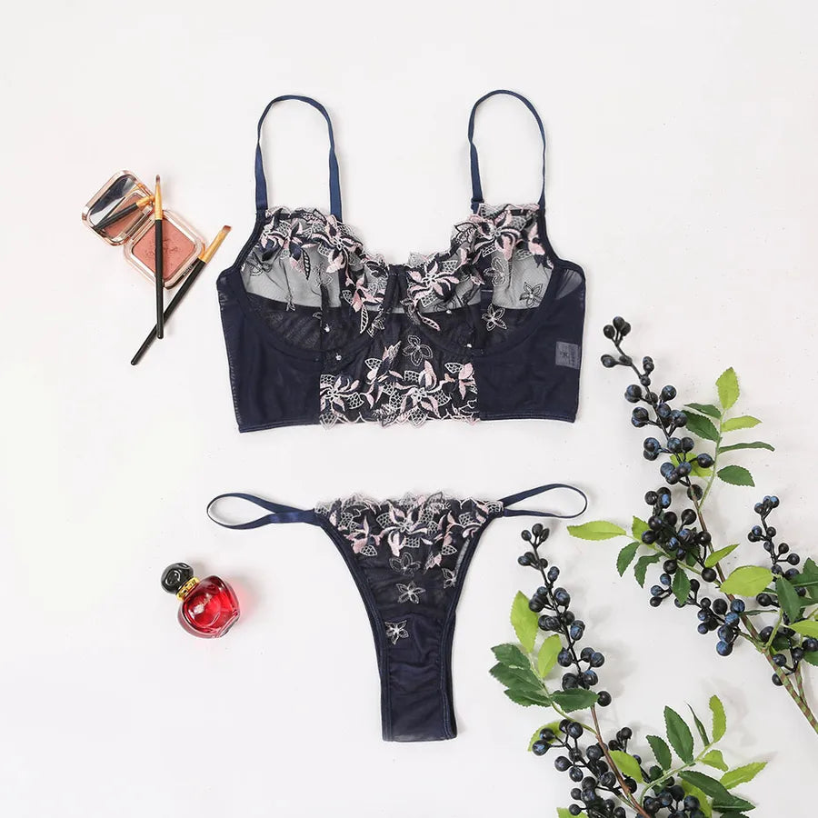 fashion contrast color flower embroidery mesh perspective sexy lingerie suit