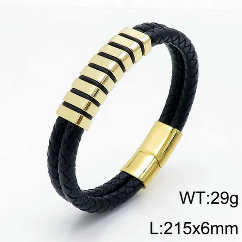 Hip-Hop Retro Color Block Stainless Steel Pu Leather Plating 18K Gold Plated Men's Bangle