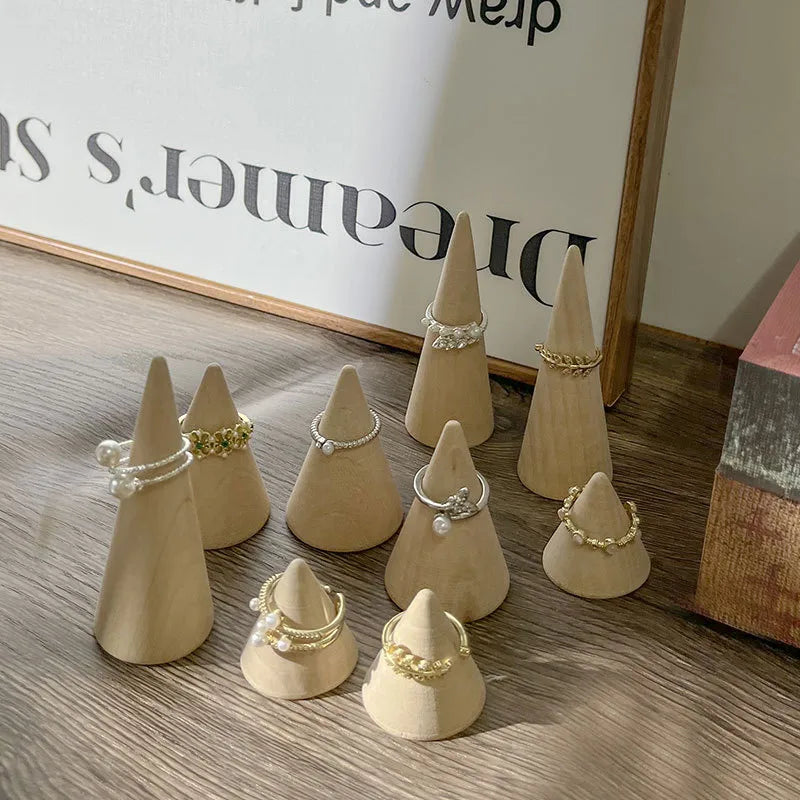 Retro Wooden Ring Display Stand Cone Shape Jewelry Creative Showcase Simple Style Nordic Craft Accessory Photo Prop