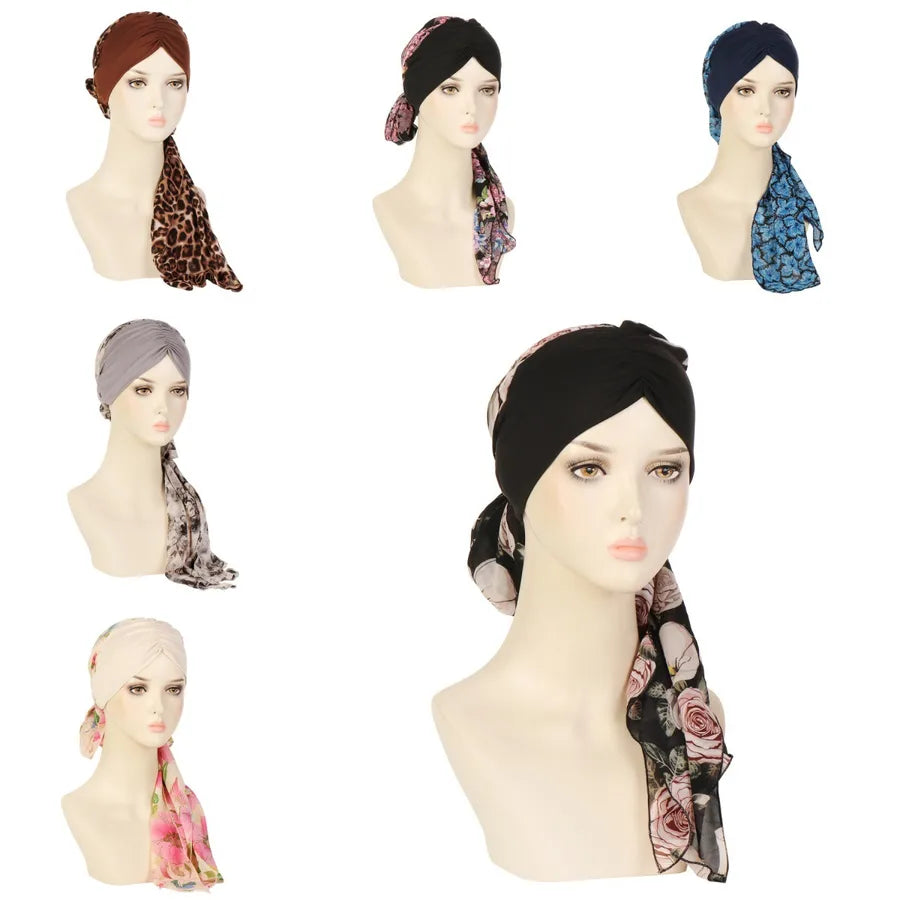 Fashionable Floral Print Chiffon Long Tail Headscarf Hat Women's Head Wrap Cap Winter Summer Spring Seasonal All-Match Hat